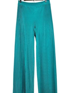 RO & DE Women Teal Ribbed Knit Flowy Wide Leg Pants